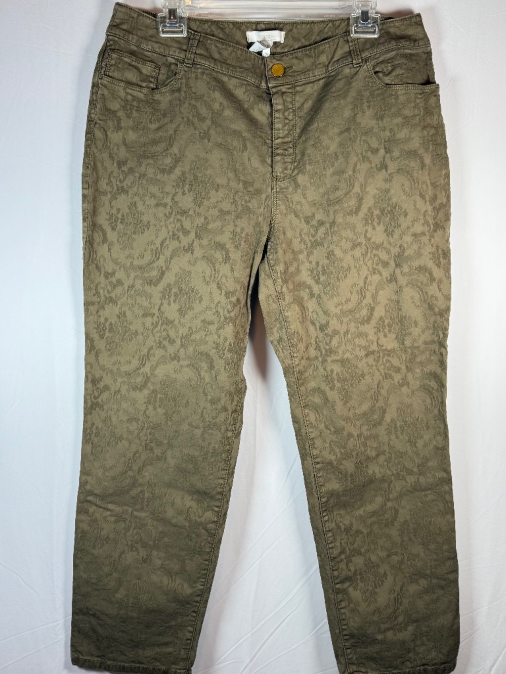 CHICO'S olive green ankle brocade pattern chino/jean, 14R